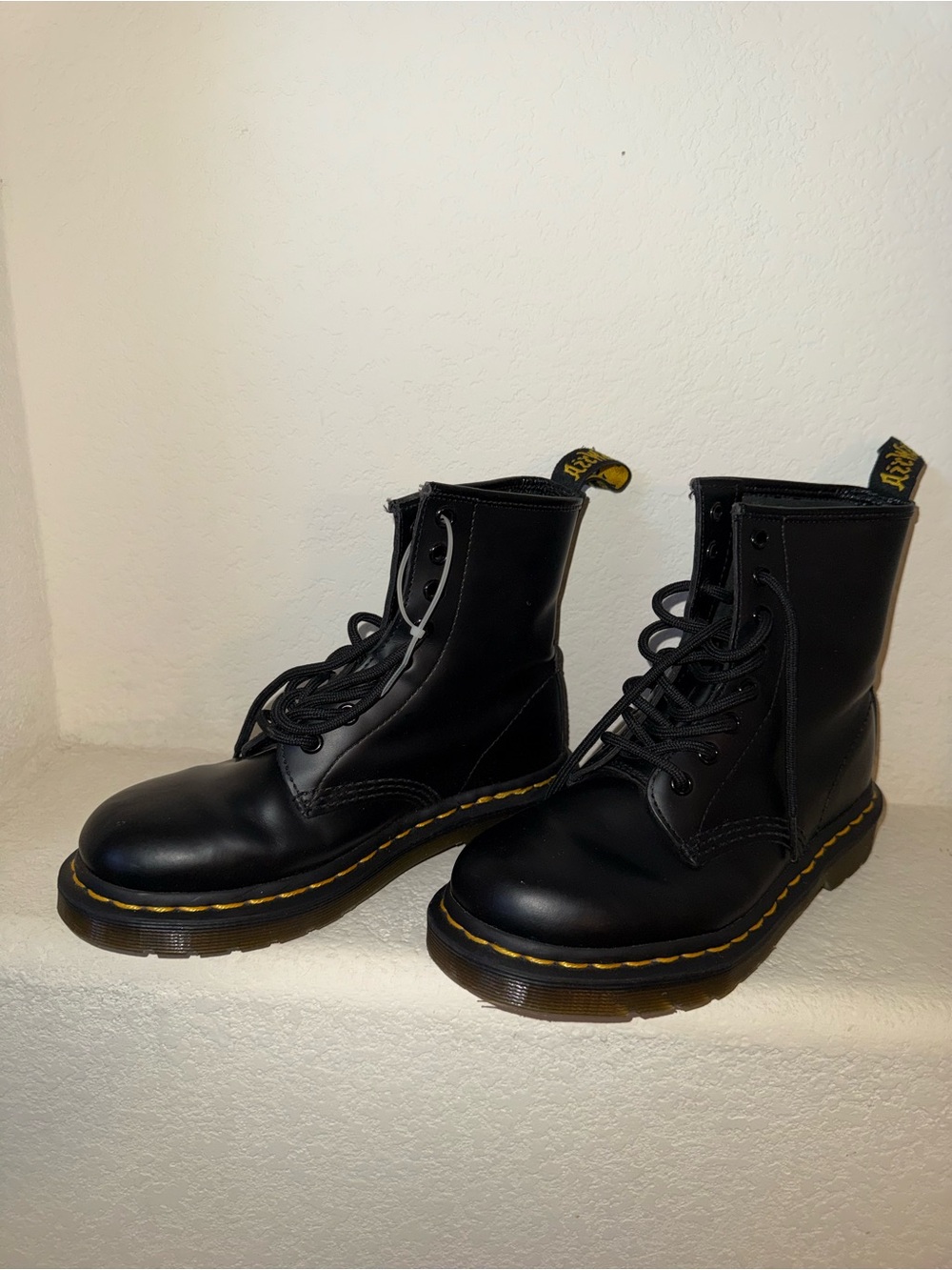 Dr. Martens Black Leather Lace-Up Combat Boots with Yellow Stitching